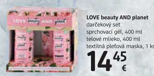LOV LOVE beauty AND planet darčekový set sprchovací gél, 400 ml telové mlieko, 400 ml textilná pleťová maska, 1 ks 