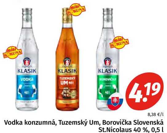 Vodka konzumná, Tuzemský Um, Borovička Slovenská St. Nicolaus 40 %, 0,5 l 