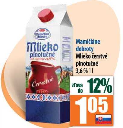 Mlieko čerstvé plnotučné 3,6% 1 l
