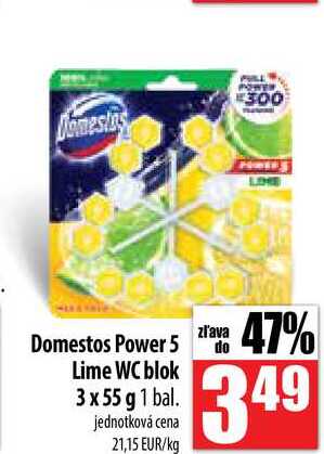 Domestos Power 5 Lime WC blok 3 x 55 g 1 bal. jednotková cena 21,15 EUR/kg zľava do PHILL POWER 300 LONE 47% 349 