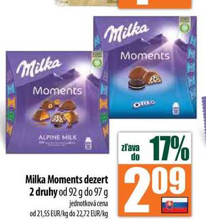 Milka Moments dezert 2 druhy od 92 g do 97 g
