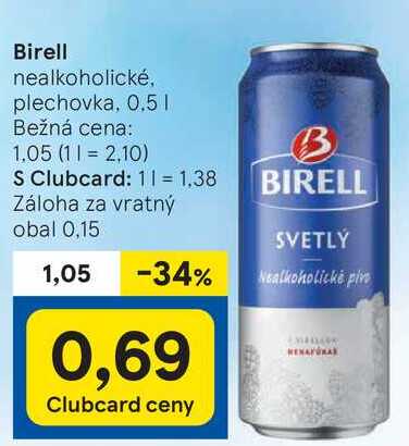 Birell nealkoholické, plechovka, 0,5 l