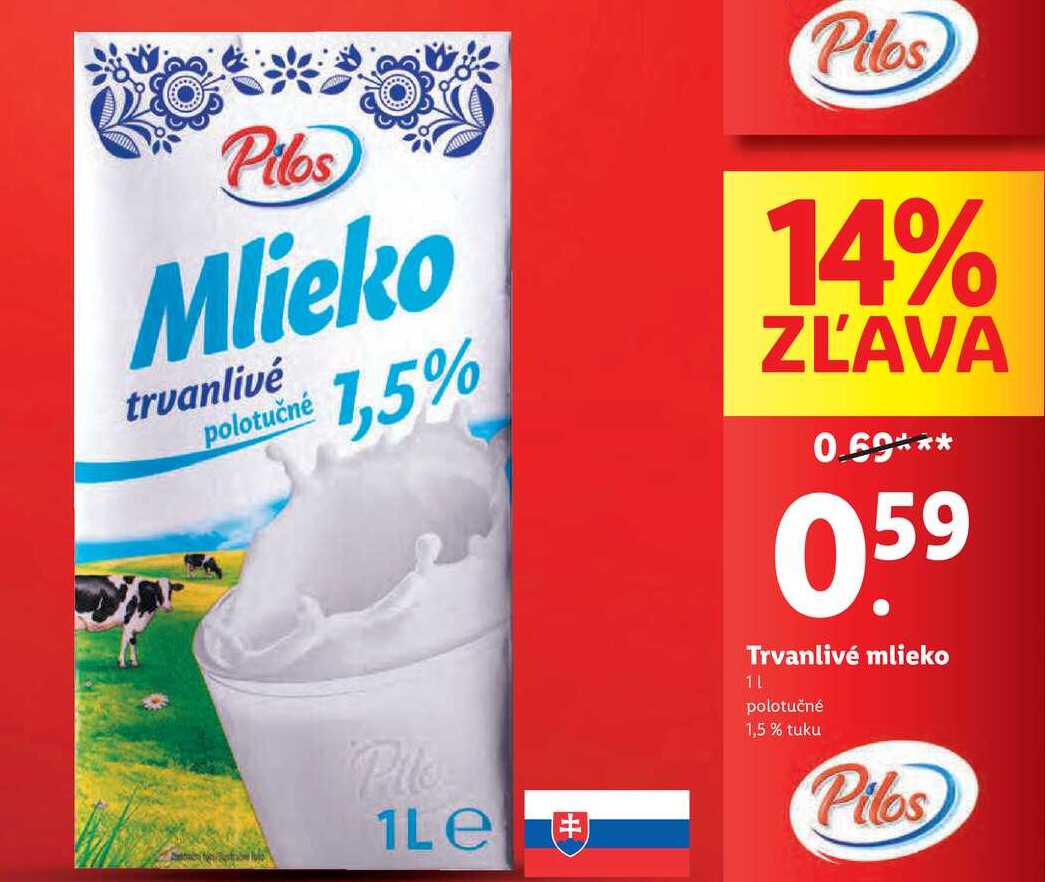 Pilos Mlieko 1,5% trvanlivé polotučné 1L v akcii | Zlacnene.sk