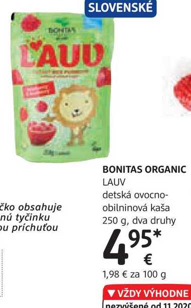 BONITAS ORGANIC LAUV detská ovocno-obilninová kaša, 250 g