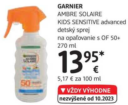 GARNIER AMBRE SOLAIRE KIDS SENSITIVE advanced detský sprej na opaľovanie s OF 50+, 270 ml 