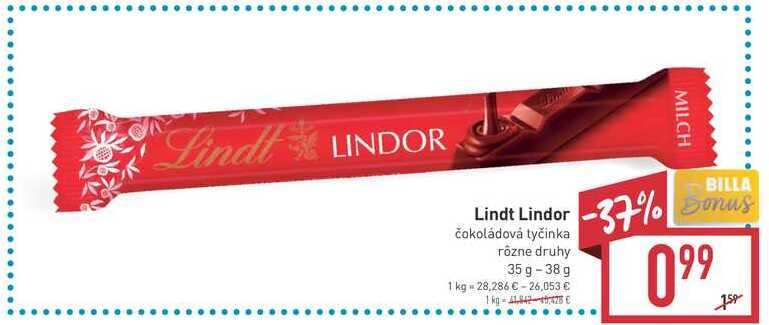 Lindt Lindor čokoládová tyčinka 35 - 38 g 