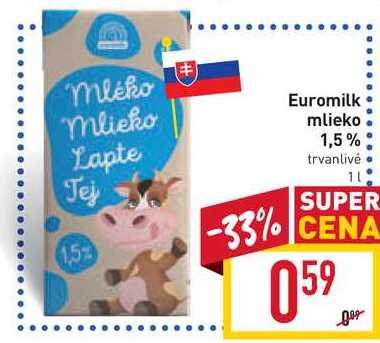 Euromilk mlieko 1,5% trvanlivé 1l