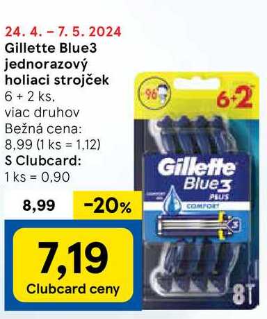 Gillette Blue3 jednorazový holiaci strojček, 6 + 2 ks