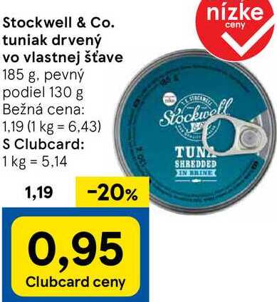 Stockwell & Co. tuniak drvený vo vlastnej šťave, 185 g