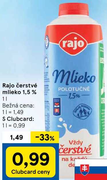 Rajo čerstvé mlieko 1,5 %, 1 l