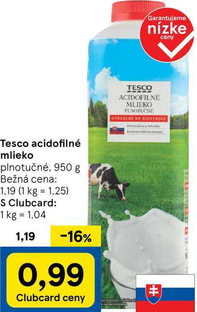 Tesco acidofilné mlieko, 950 g