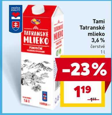 Tatranské mlieko 3,6% čerstvé 1L 