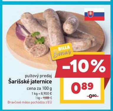 Šarišské jaternice cena za 100 g