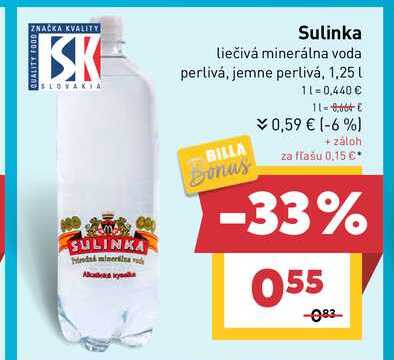 sulinka liečivá minerálna voda perlivá, jemne perlivá, 1,25 L