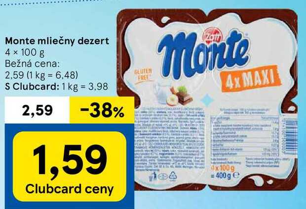 Monte mliečny dezert, 4x 100 g 