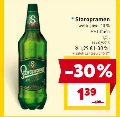 Staropramen svetlé pivo, 10% PET fľaša 1,5l