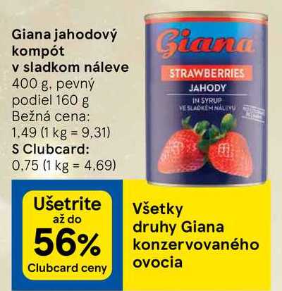 Giana jahodový kompót v sladkom náleve, 400 g