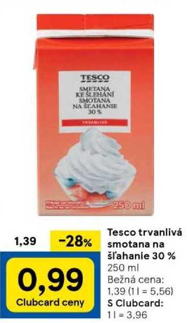 Tesco trvanlivá smotana na šľahanie 30 %, 250 ml