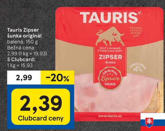 Tauris Zipser šunka originál balená, 150 g