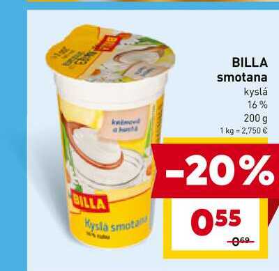 BILLA smotana kyslá 16% 200 g  v akcii