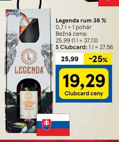 Legenda rum 38 % 0,7l + 1 pohár 