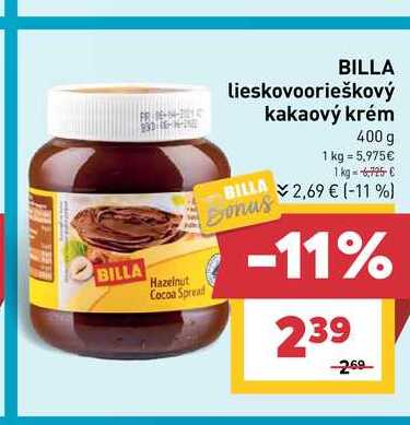 BILLA lieskovoorieškový kakaový krém 400 g 