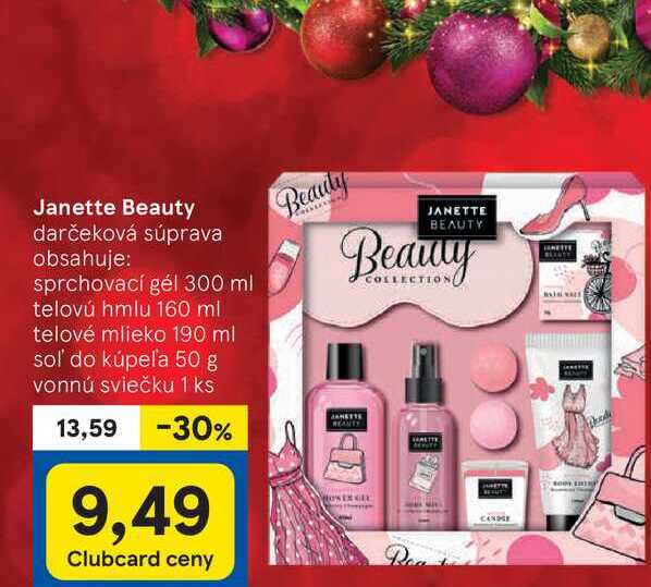 Janette Beauty darčeková súprava obsahuje: sprchovací gél 300 ml telovú hmlu 160 ml telové mlieko 190 ml sol' do kúpeľa 50 g vonnú sviečku 1 ks 