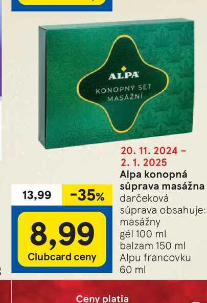 Alpa konopná súprava masážna. darčeková súprava obsahuje: masážny gél 100 ml balzam 150 ml Alpu francovku 60 ml 

