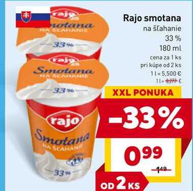 Rajo smotana na šľahanie 33% 180 ml 