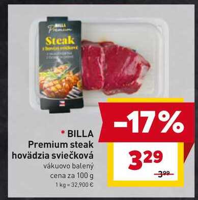 BILLA Premium steak hovädzia sviečková vákuovo balený cena za 100 g