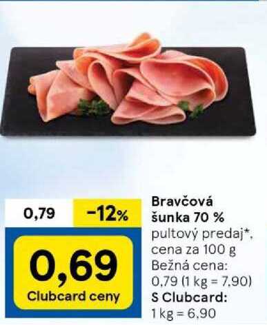 Bravčová šunka 70 %, cena za 100 g 