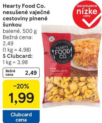 Hearty Food Co. nesušené vaječné cestoviny plnené šunkou, 500 g 