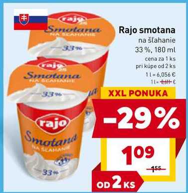 Rajo smotana na šľahanie 33%, 180 ml 