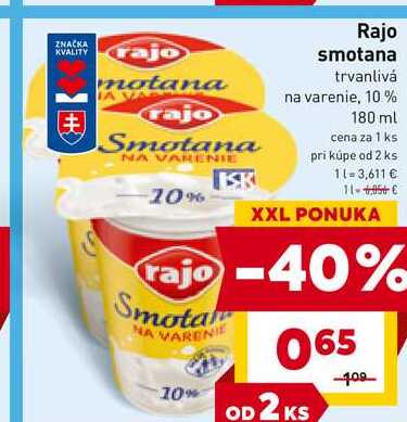 Rajo smotana trvanlivá na varenie, 10% 180 ml 