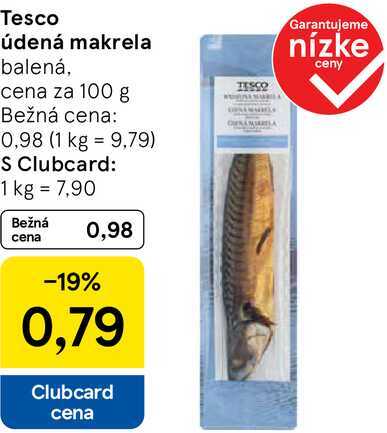 Tesco údená makrela, cena za 100 g 