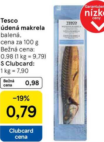 Tesco údená makrela, cena za 100 g