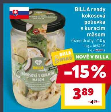 BILLA ready kokosová polievka s kuracím mäsom rôzne druhy, 210 g 