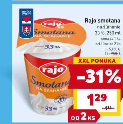 Rajo smotana na šľahanie 33%, 250 ml 