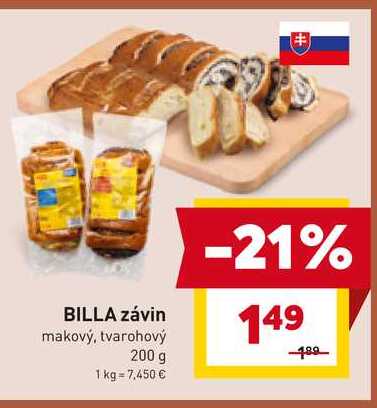 BILLA závin makový, tvarohový 200 g 