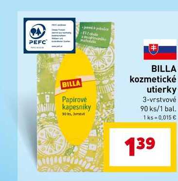 BILLA kozmetické utierky Papirové kapesniky 3-vrstvové 90 ks/1 bal.