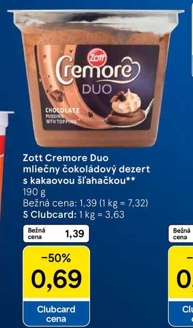 Zott Cremore Duo mliečny čokoládový dezert s kakaovou šľahačkou, 190 g 
