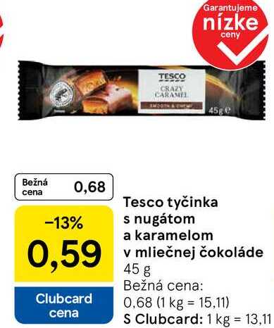 Tesco tyčinka s nugátom a karamelom v mliečnej čokoláde, 45 g