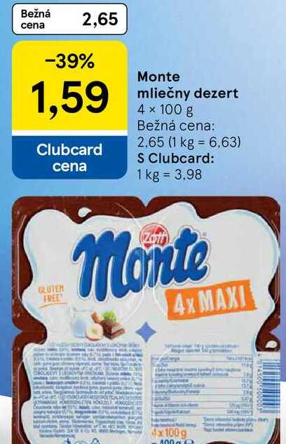 Monte mliečny dezert, 4x 100 g 