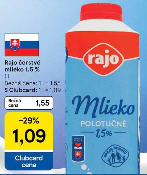 Rajo čerstvé mlieko 1,5 %, 1 l