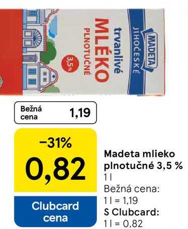Madeta mlieko plnotučné 3,5 %, 1 l