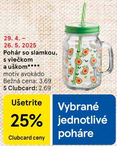 Pohár so slamkou, s viečkom a uškom