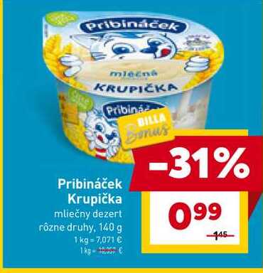 Pribináček Krupička mliečny dezert rôzne druhy, 140 g 