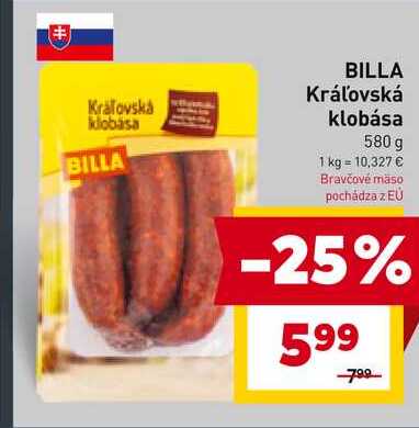 BILLA Kráľovská klobása 580 g