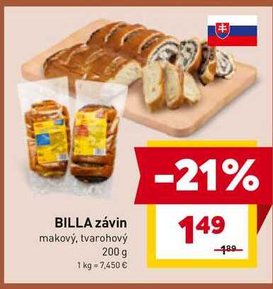 BILLA závin makový, tvarohový 200 g 