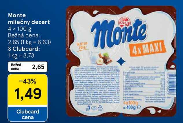Monte mliečny dezert, 4x 100 g 